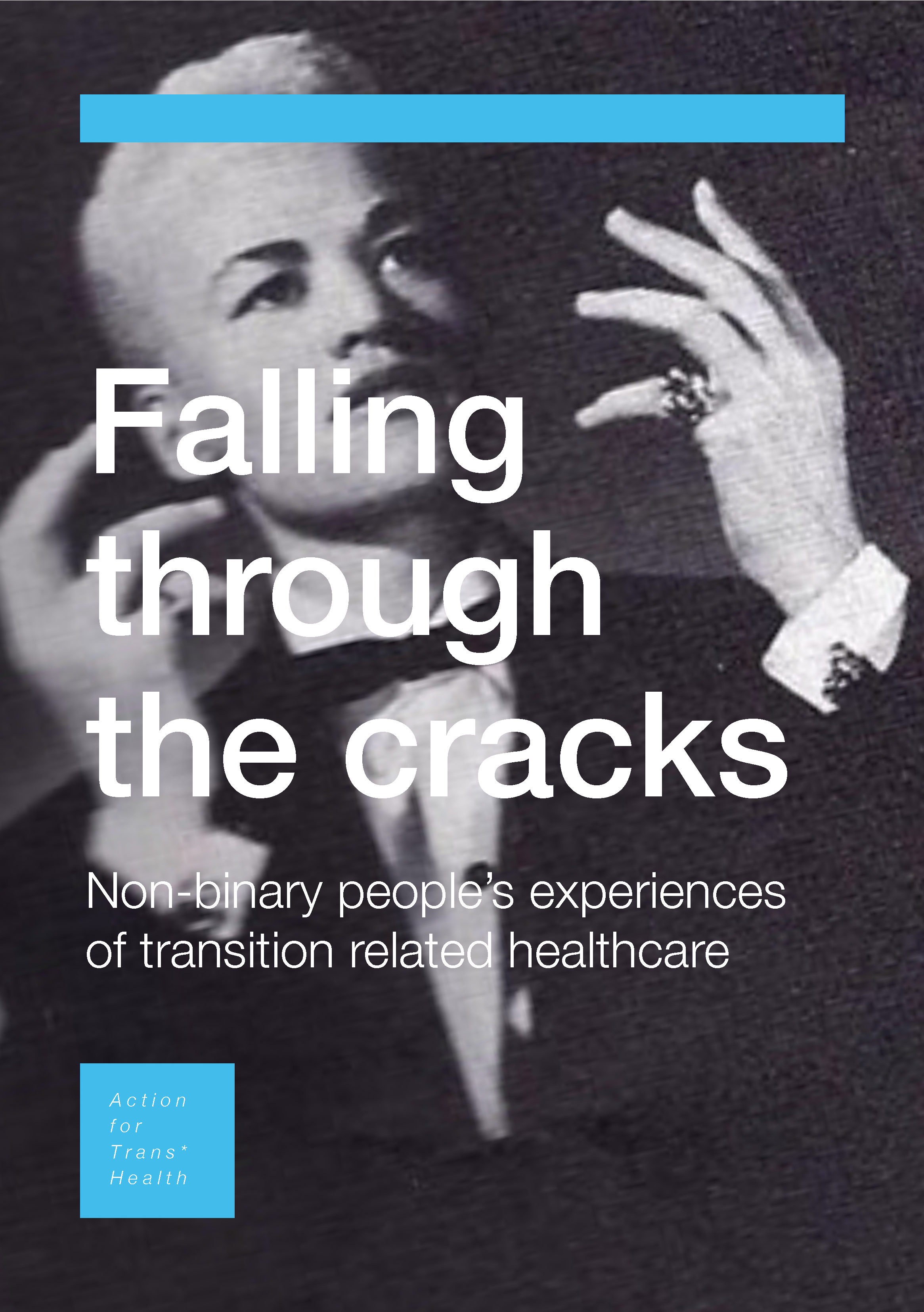 Cover of Falling Through The Cracks publication, shows a black and white image of drag king Stormé DeLaverie wearing a tuxedo and bowtie.