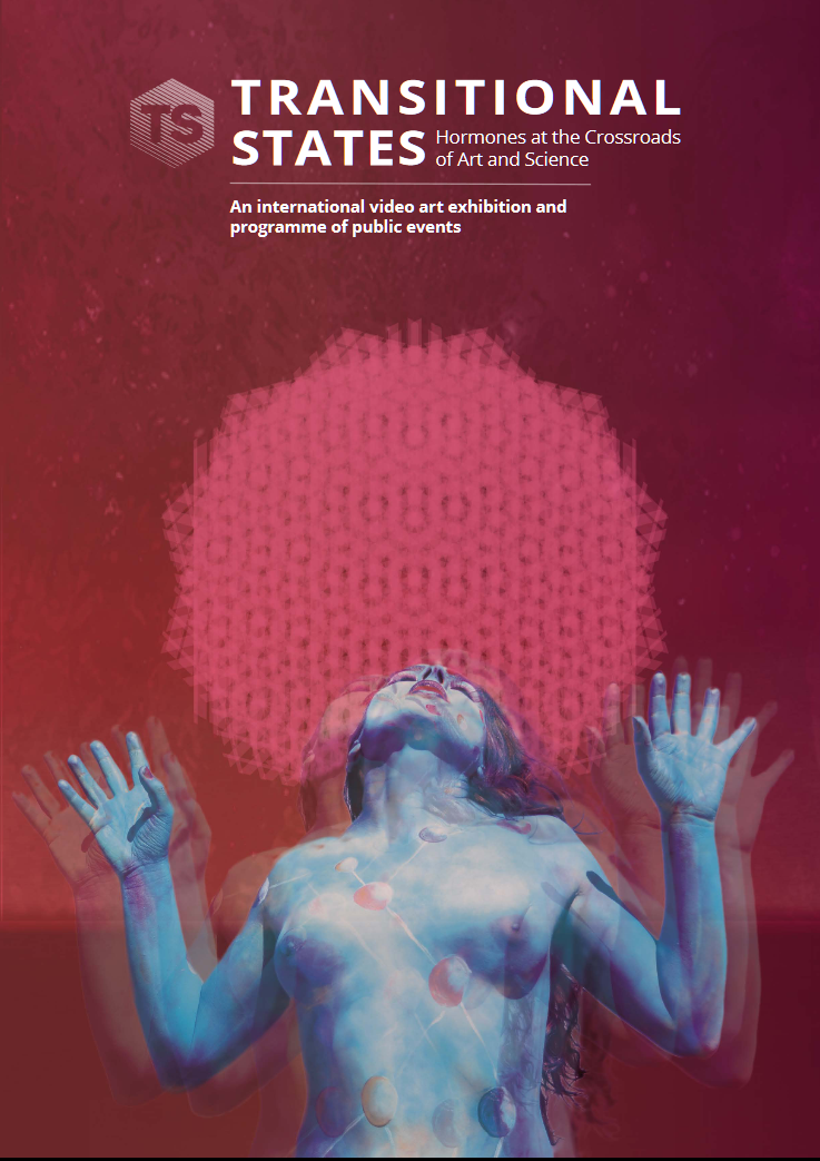 Cover of Transitional States exhibition catalogue, with illustration of a nude body in blue light with a projection of molecules across the chest, against a deep pink background with a radiant mandala-like halo