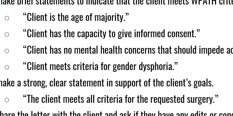 Preview of text from resource, reads 'Client is the Age of Majority, Client has the capacity to give informed consent, Client has no mental health concerns that should impede ac [rest of line cut off], Client meets criteria for gender dysphoria, [start of line cut off] a strong, clear statement in support of the client's goals, The client meets all criteria for the requested surgery'